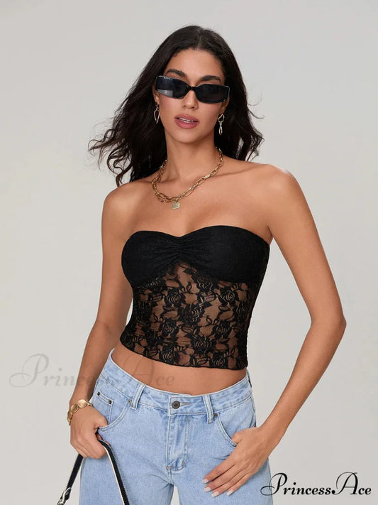 Transparent Lace Off-the-shoulder Sleeveless Deep V Bandeau Top Black / S croptop-250126