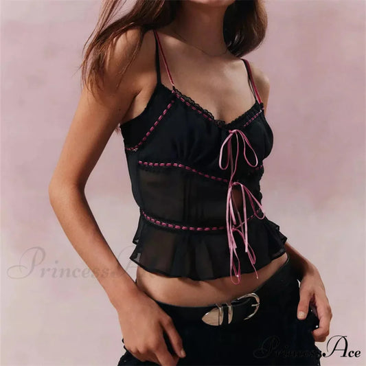 Transparent Lace-Up Spaghetti Crop Top Black / S croptop-250223