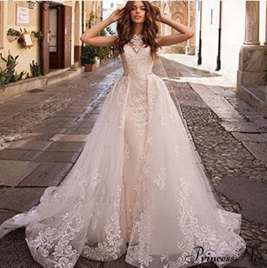 Transparent Net Mermaid Bridal Wedding Gown lvory white / 2 weddingdress-250223
