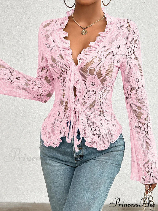 Transparent Sheer Seductive Long Sleeve Blouse Pink / XS blouse-250126