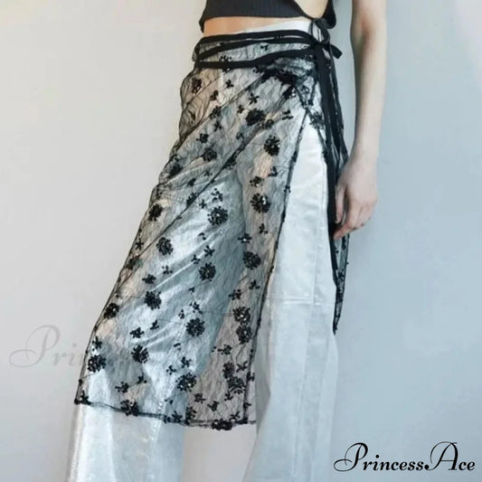 Transparent Sparkling Flower Lace Long Apron Skirt BLACK1 / One Size skirt-250126