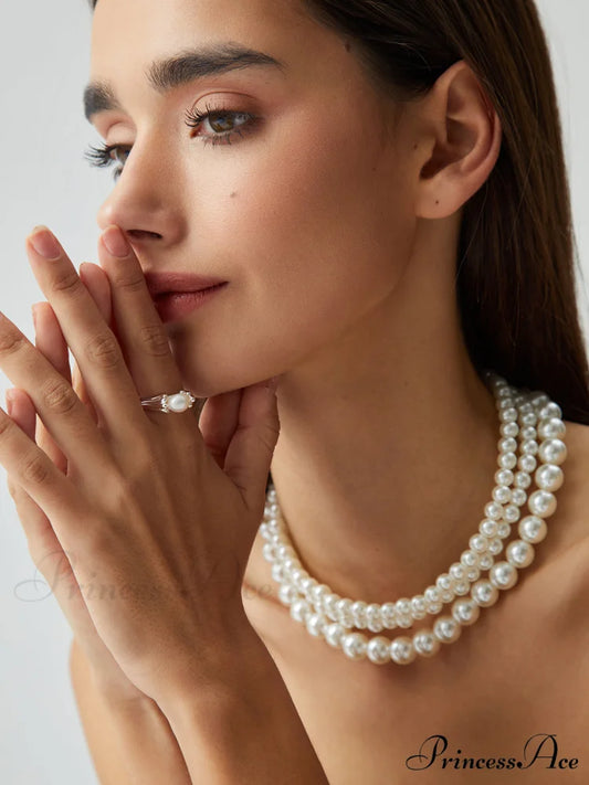 Treble Layers Graceful Pearl Necklace White / One Size