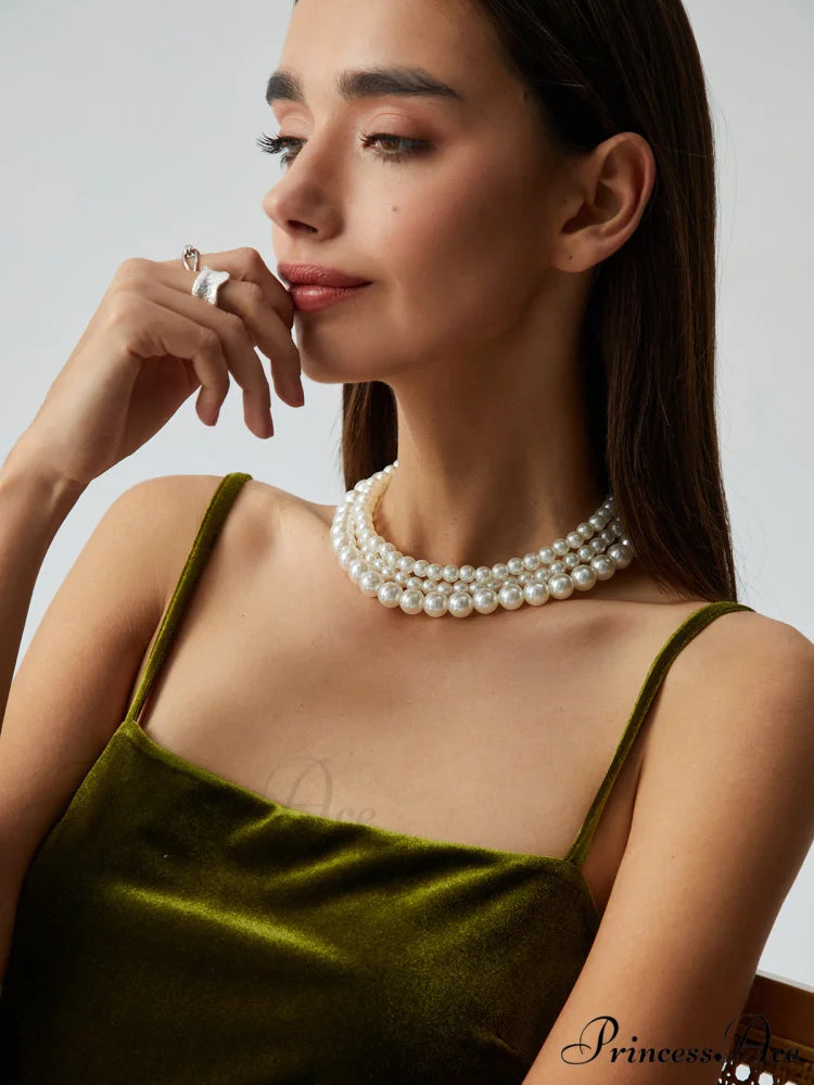 Treble Layers Graceful Pearl Necklace White / One Size