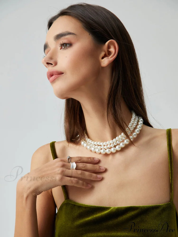 Treble Layers Graceful Pearl Necklace White / One Size