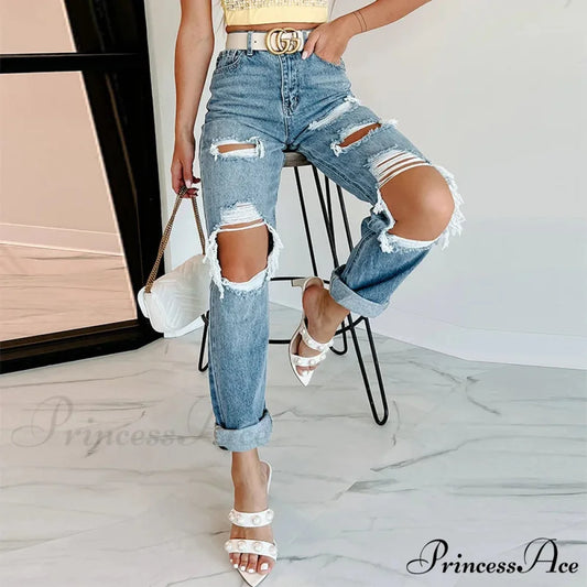 Trendy Blue High Waist Ripped Streetwear Casual Denim Jean Blue / S