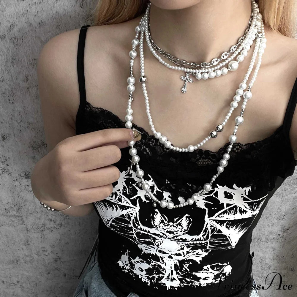Trendy Cross Rivet Multi-element Layered Necklace STEEL