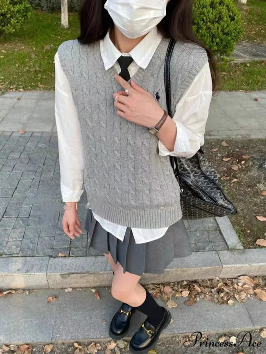 Trendy Embroidered Cozy Cashmere V-neck Loose Oversize Casual Soft Sweater Grey / S