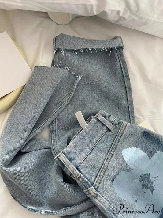 Trendy Flower Print Light Blue Jeans