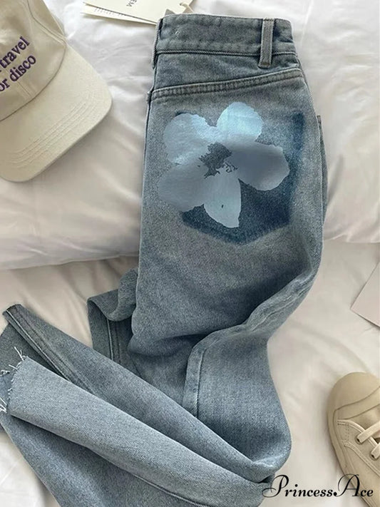 Trendy Flower Print Light Blue Jeans Blue / S