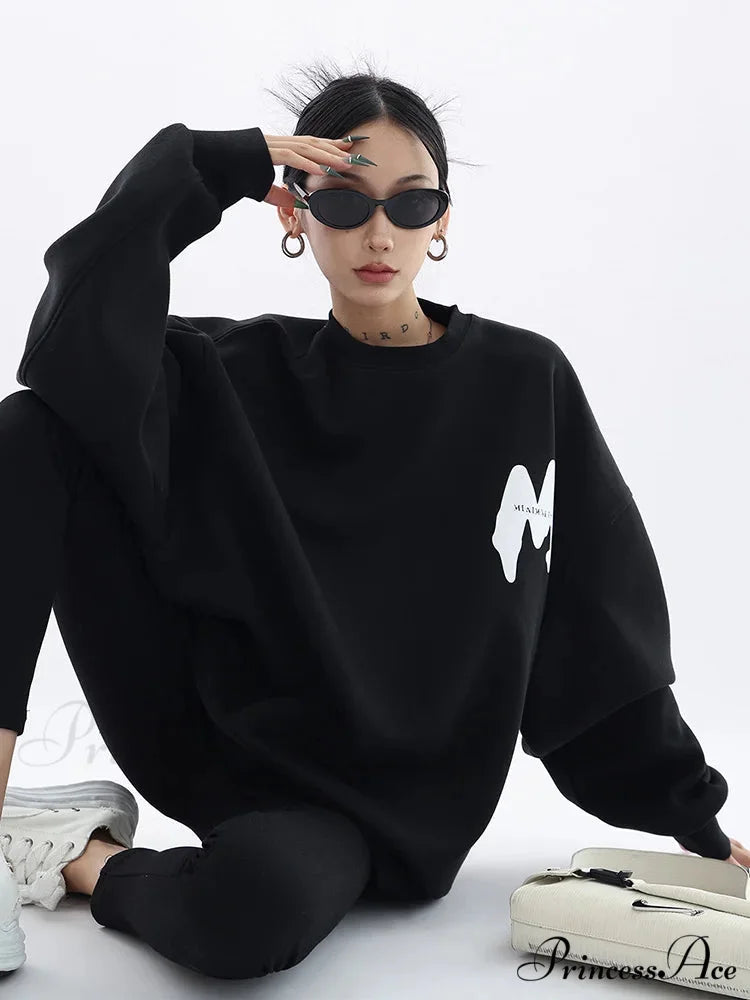 Trendy Printed Oversized Casual Autumn Hoodie Black / M