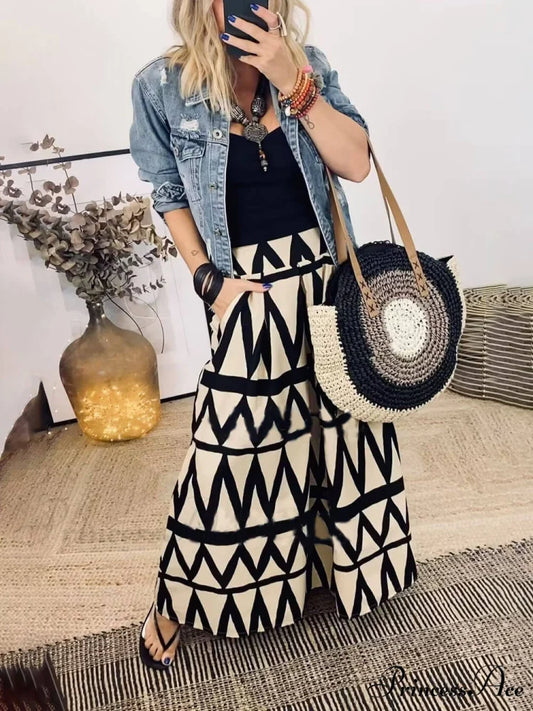 Triangle Printed Back Waist Graceful Elasticated Pocket Maxi Skirt Black / S