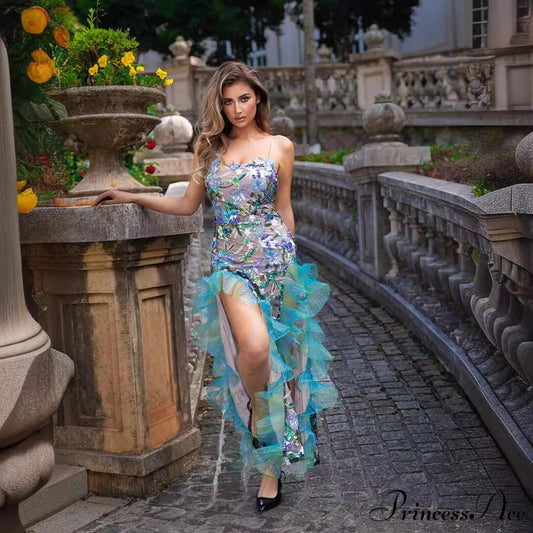 Trim Thin Strap Embroidered Opening Prom Dress blue / XS promdress-250223