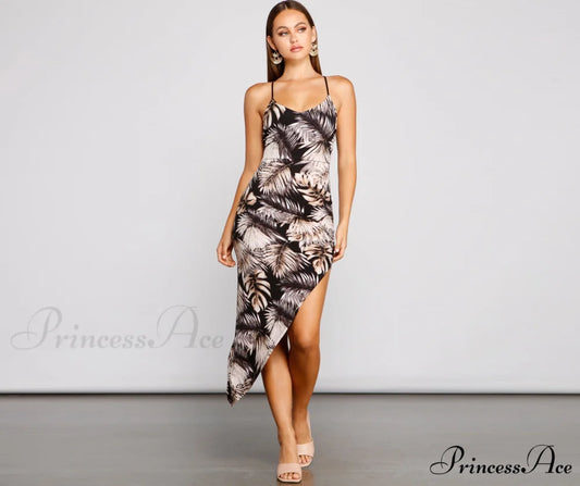Tropical Dream Stylish Asymmetrical Maxi Dress BLACK / XS