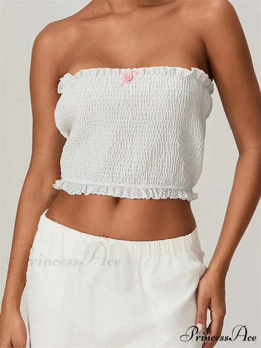 Tube Arch Lace Trim Gathered Plaid Crop Top WHITE / S croptop-250126