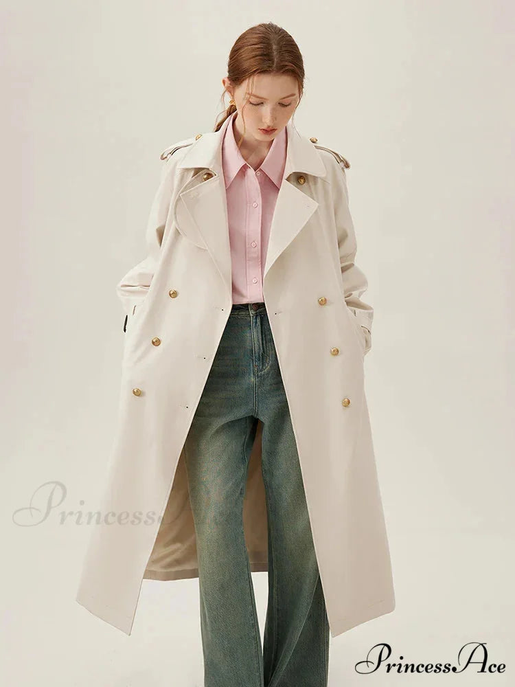 Turn-down Collar Double Breasted Office Lady Long Light Khaki Spring New Elegant Chic Coat