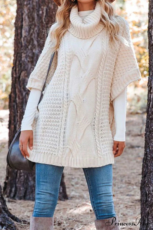 Turtleneck Cable Knit Shawl Sweater Beige / S