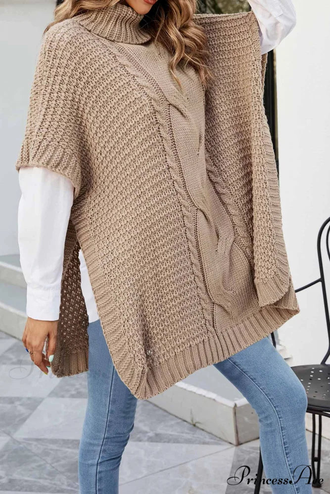 Turtleneck Cable Knit Shawl Sweater Khaki / L
