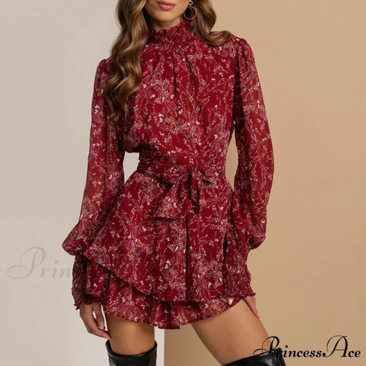 Turtleneck Long Sleeve Chiffon A Line Dress Burgundy / S