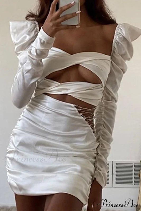 Twist-front Cutout Dress with Puff Sleeves White / S