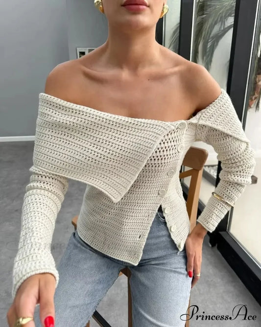 Uneven Design Slant Collar Button Cardigan Beige / S cardigans-241228