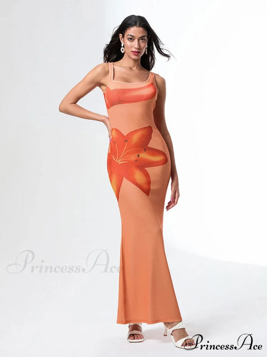 Uneven Neck Tank Sleeveless Wrap Bodycon Floral Vacation Dress Orange / S floraldress-250126