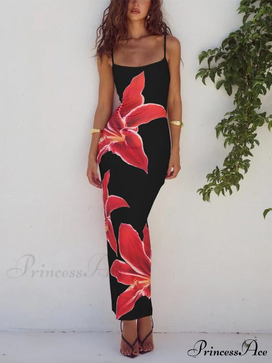 Unforgettable Abstract Floral Charming Print Maxi Dress Black / S