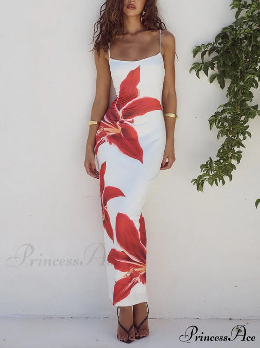Unforgettable Abstract Floral Charming Print Maxi Dress White / S