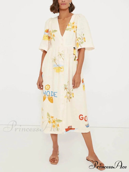 Unique Holiday Folk Floral Graceful Print Puff Sleeve Midi Dress