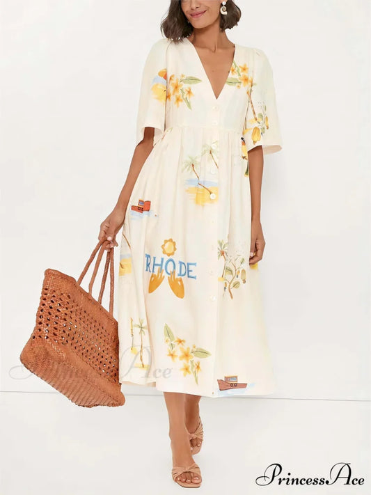 Unique Holiday Folk Floral Graceful Print Puff Sleeve Midi Dress Multi-Color / S