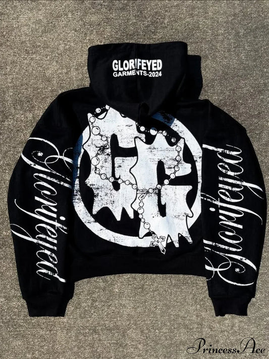 Unique Letter Print Retro Street Zip Hoodie