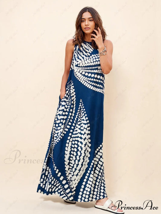 Unique Polka Dot Print Graceful One Shoulder Pocketed Maxi Dress Blue / S