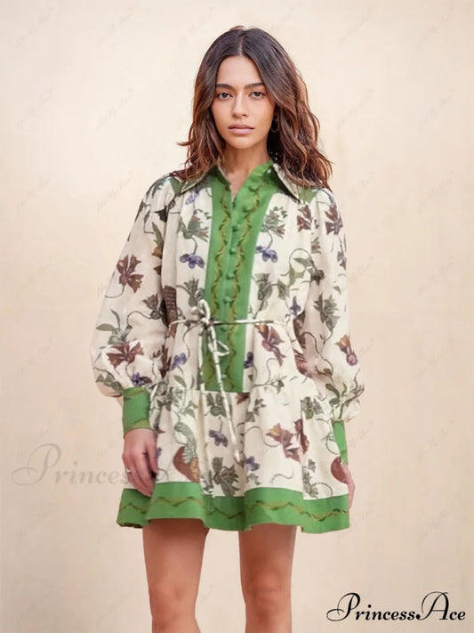 Unique Print Color Match Graceful Balloon Sleeve Shirt Mini Dress Green / S