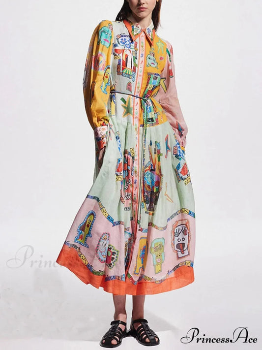 Unique Print Colorblock Balloon Graceful Sleeve Belt Shirt Midi Dress Multicolor / S