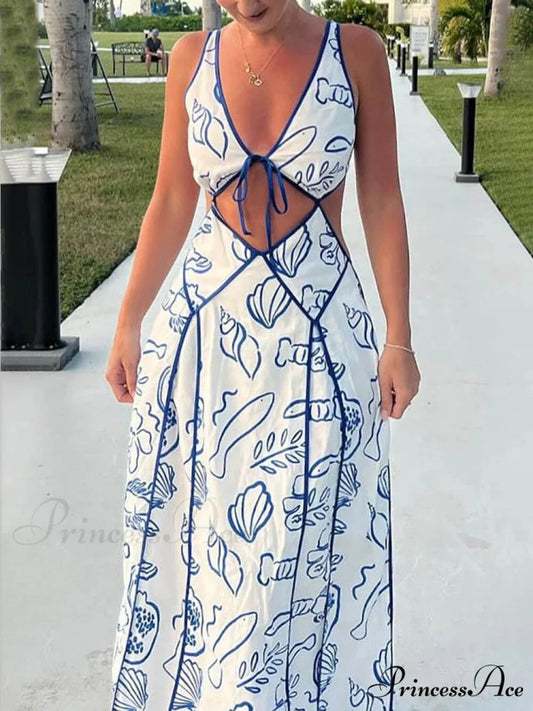 Unique Print Cutout Charming Tie-Up Backless Maxi Dress Blue / S