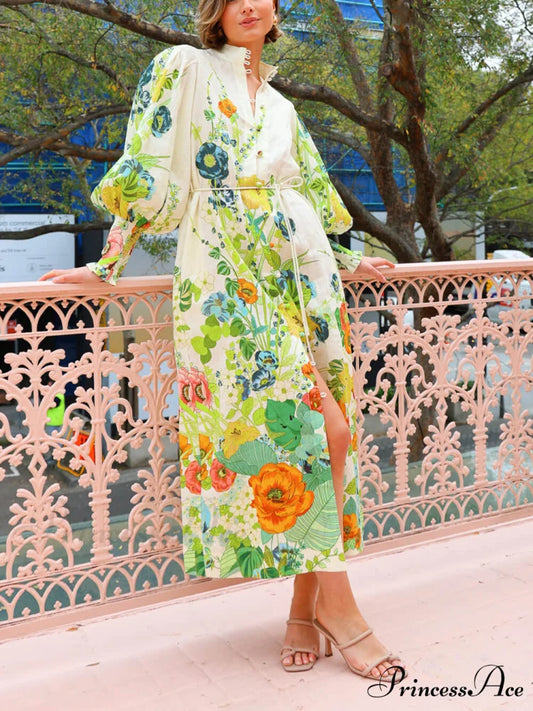 Unique Print Lantern Sleeve Graceful Cream Cardigan Style Shirt Dress Multicolor / S