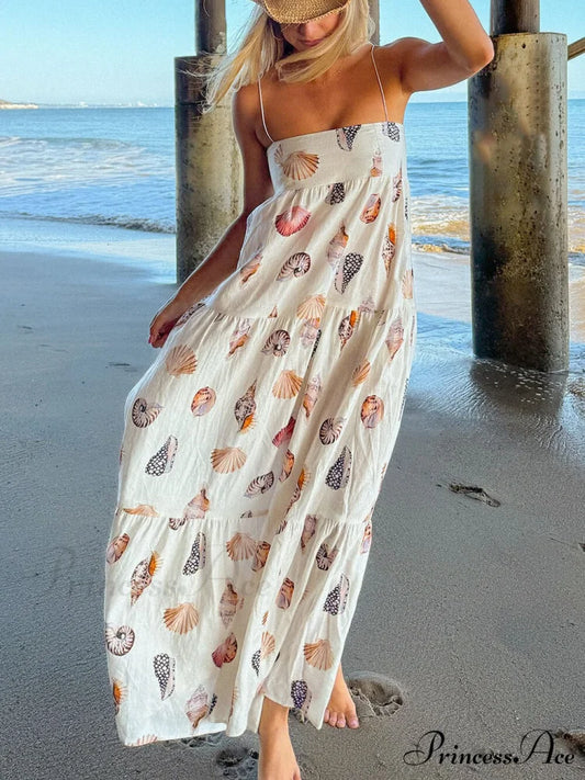 Unique Shell Conch Print Graceful Pleated Pockets Lightweight Maxi Dress White / S