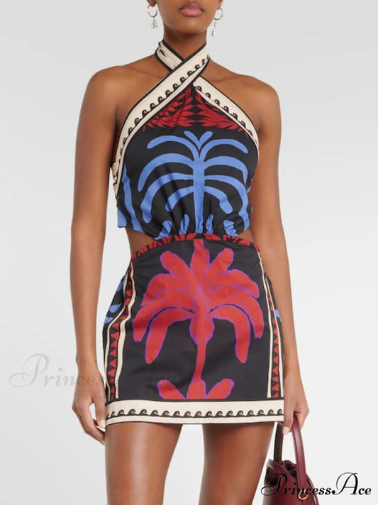 Unique Summer Print Charming Halter Neck Mini Dress Multi-Color / S