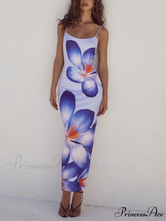 Unique Violet Floral Charming Print Strap Midi Dress Purple / S