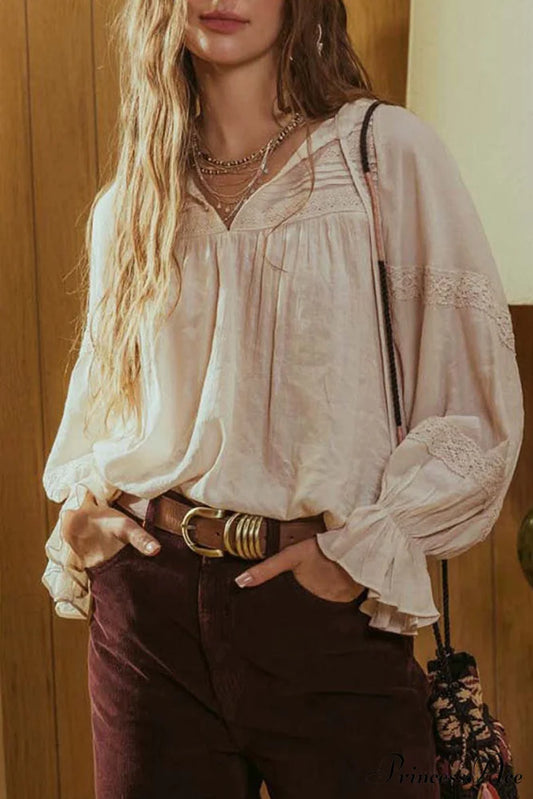 V Beige Drawstring Patchwork Neck Ruffled Lace Top Beige / S / 100% Cotton