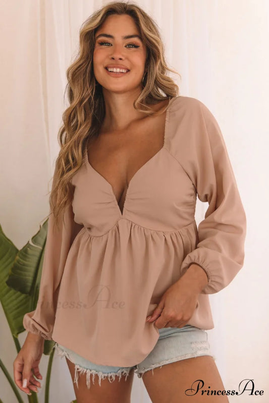 V-Neck Back Smocked Peplum Blouse in Orange Orange / S / 100% Polyester