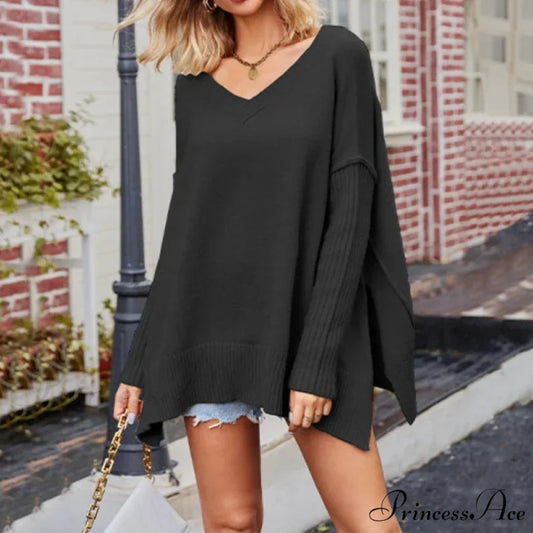 V - Neck Baggy Sweet Sweater Black / S swraters-241228