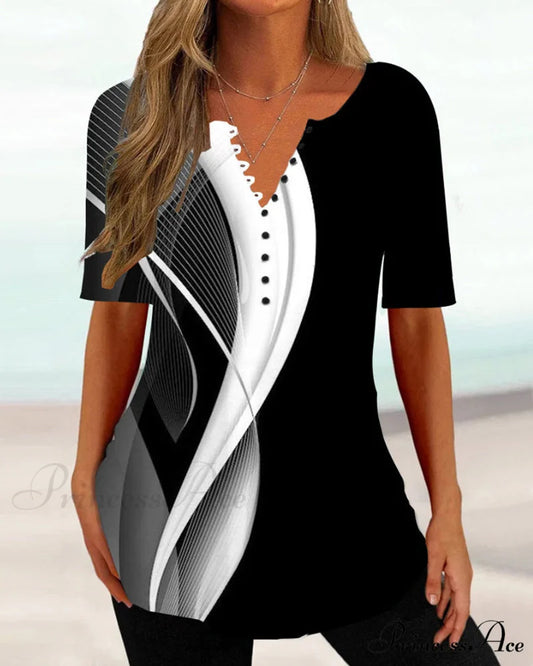 V-neck Block Color T-shirt Black / S