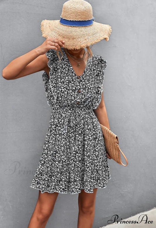 V-Neck Button Lotus Leaf Sleeve Waist Dress S / dark blue