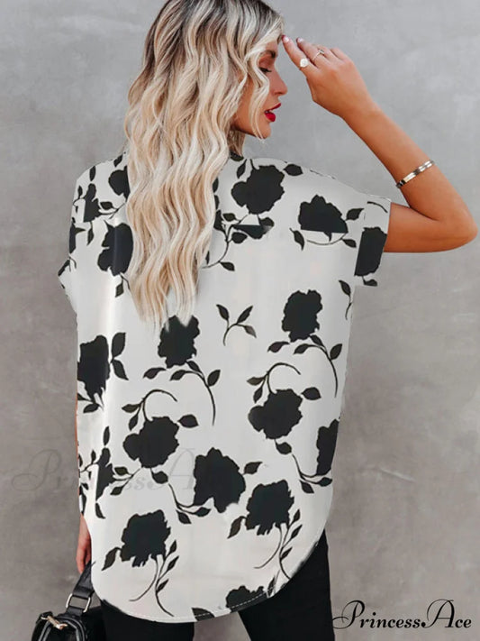V-Neck Casual Design for Blouse Arm Brief Flowered Women