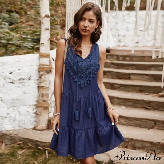 V-neck Casual Sleeveless Solid Boho Dress Blue / S