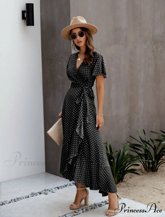 V-Neck Coastal Vacation Dot Polka Short-Sleeved Warm-Season Ruffle for Gown Women S / GREEN