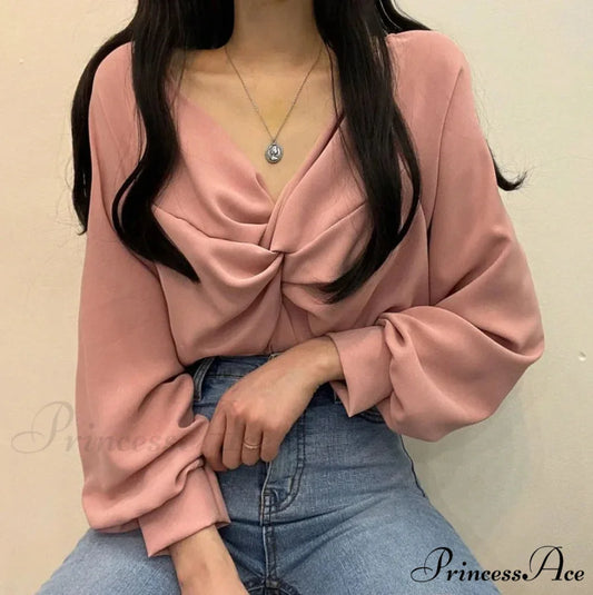 V-neck Coiled Lantern Sleeve Solid Informal Blouse Pink / One Size blouse-250126