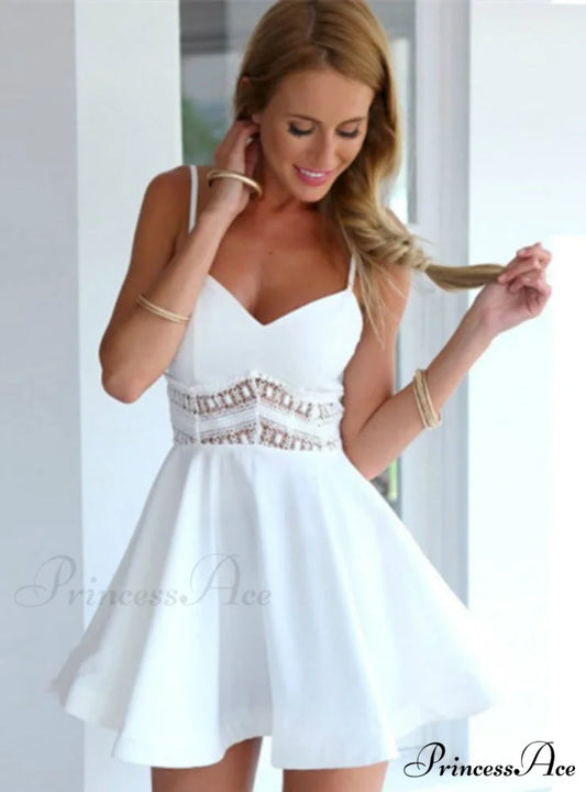 V Neck Crochet Lace Skater Dress with Waist Strap S / White