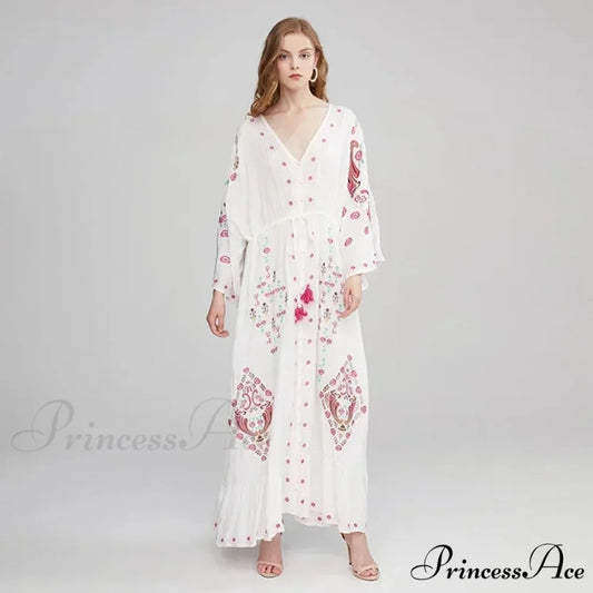 V Neck Embroidered Baggy Informal Cotton Boho Dress WHITE / S bohodress-250126