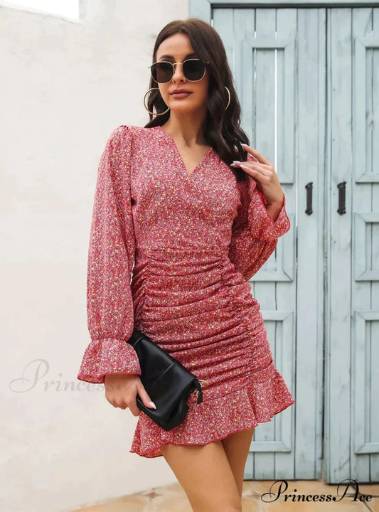V-Neck Flounce Printed Chiffon Dress with Pleats S / BURGUNDY